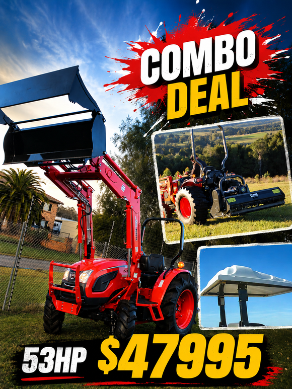 NEW KIOTI 53HP 4WD TRACTOR & 4in1 LOADER f/w CANOPY & FLAIL MOWER