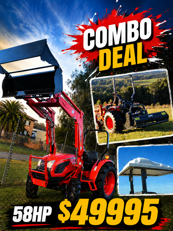 1 ONLY COMBO DEAL  58hp 4WD TRACTOR & 4in1 LOADER, CANOPY & FLAIL MOWER